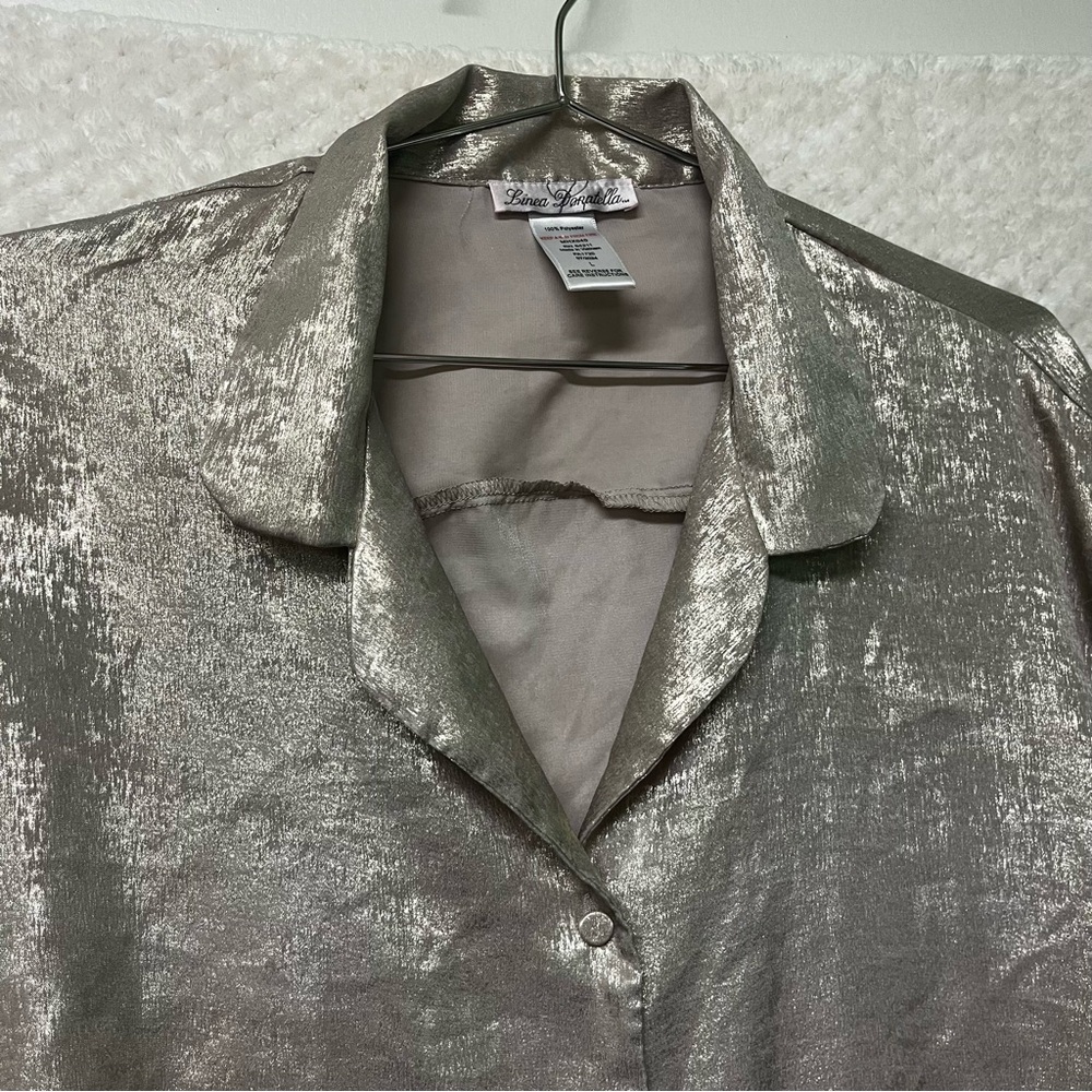Linea Donatella Metallic Button Down Shirt Size Shiny Gold Short Sleeves Large - Picture 4 of 7